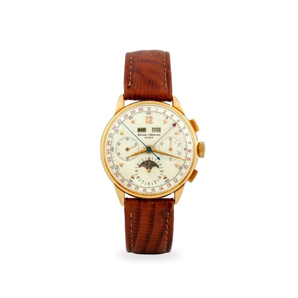 Elegante cronografo ref. 3925 in oro giallo 18k tasti quadri, quadrante argentè con calendario completo e indicazione delle fasi lunari, circa 1950<BR>