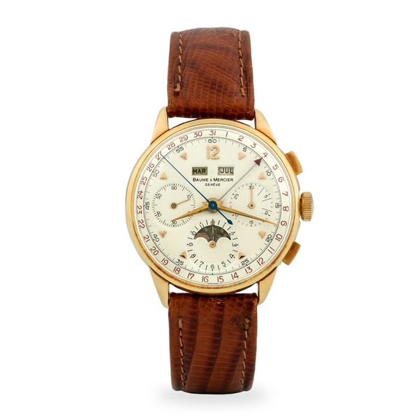 Baume &amp; Mercier - Elegante cronografo ref. 3925 in oro giallo 18k tasti quadri, quadrante argentè con calendario completo e indicazione delle fasi lunari, circa 1950 