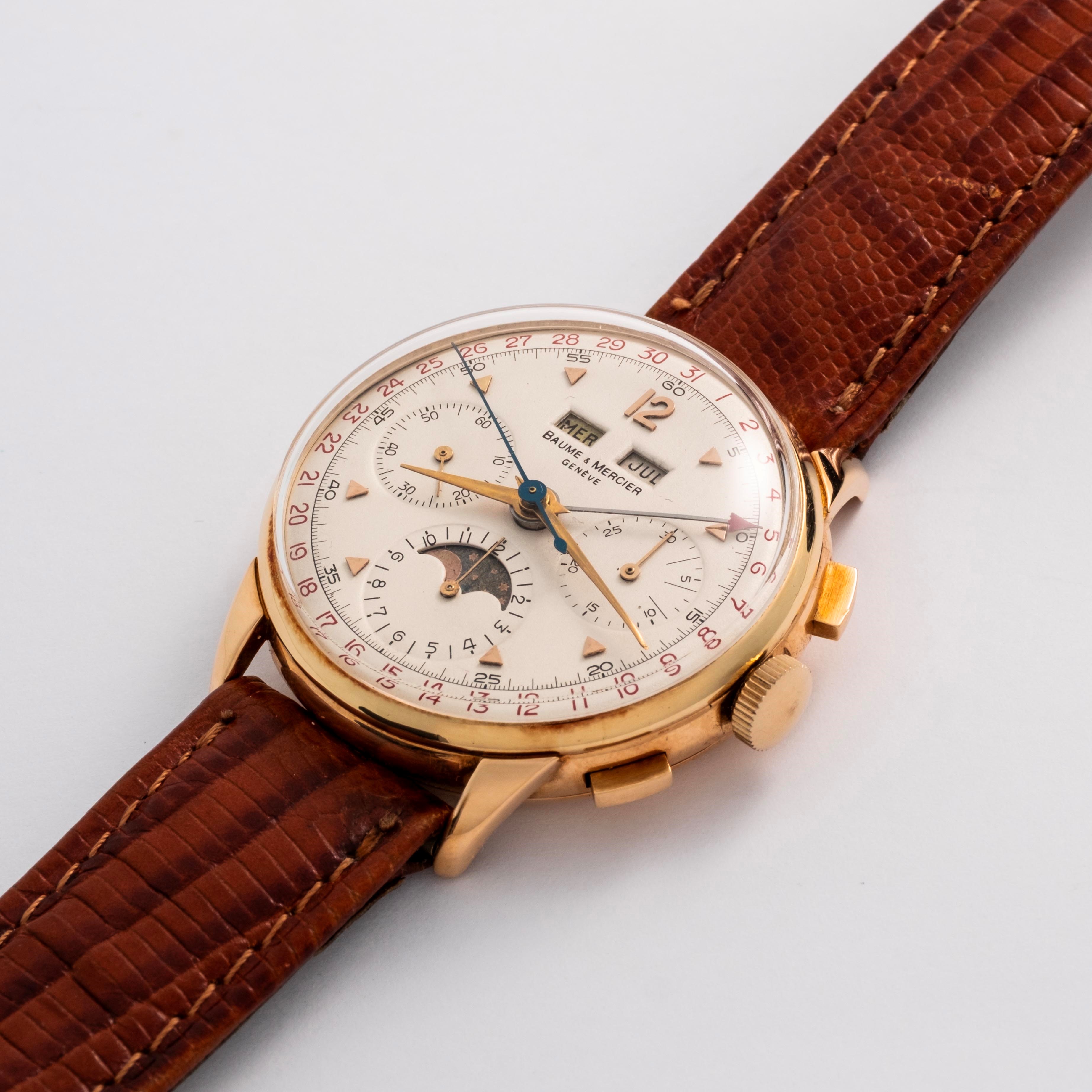 Baume & Mercier - Cronografo ref. 3925 in oro giallo 18k con quadrante argenté e fasi lunari, cir...