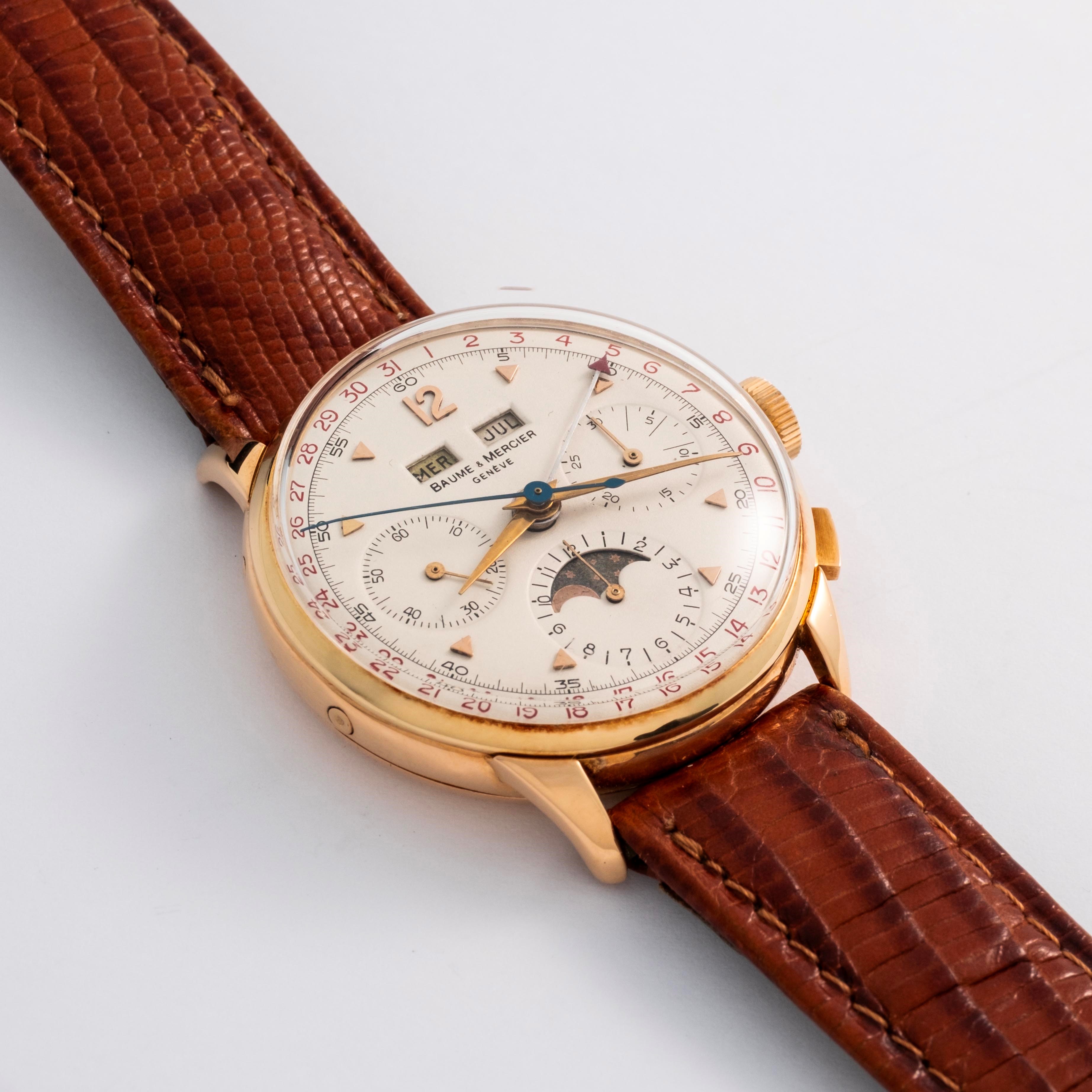 Baume & Mercier - Cronografo ref. 3925 in oro giallo 18k con quadrante argenté e fasi lunari, cir...