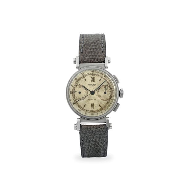 Compur Chrono due contatori in acciaio con tasti quadri e anse snodate, quadrante argentè, circa 1940