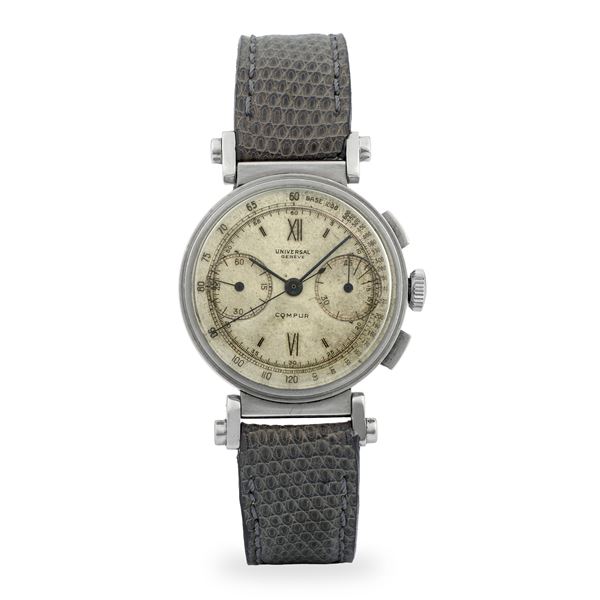 Universal - Compur Chrono due contatori in acciaio con tasti quadri e anse snodate, quadrante argentè, circa 1940