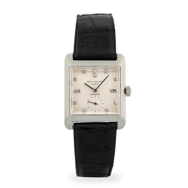 Patek Philippe - Carrè ref. 2488 in oro bianco 18k, quadrante argentè firmato "Gobbi Milano" con indici in diamanti e piccoli secondi al sei, con estratto d'archivio, circa 1957