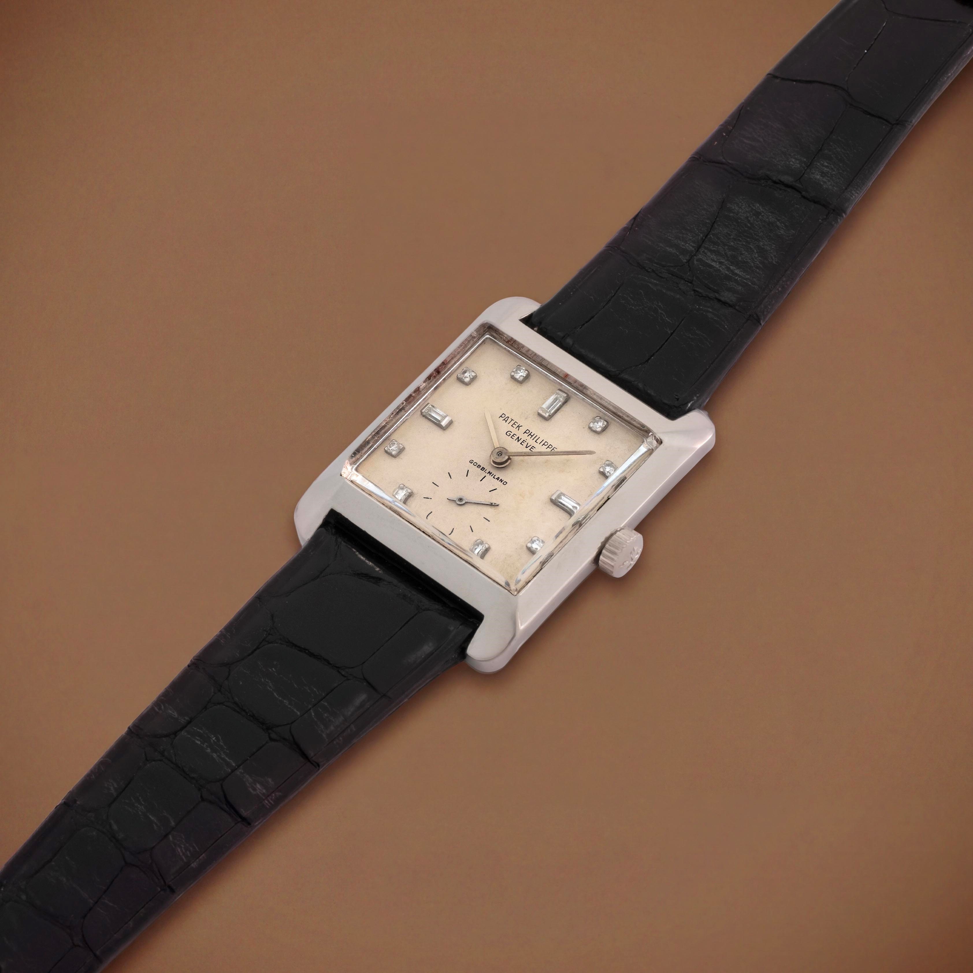 Patek Philippe - Carrè Ref. 2488 in oro bianco 18k con quadrante argentè firmato "Gobbi Milano"