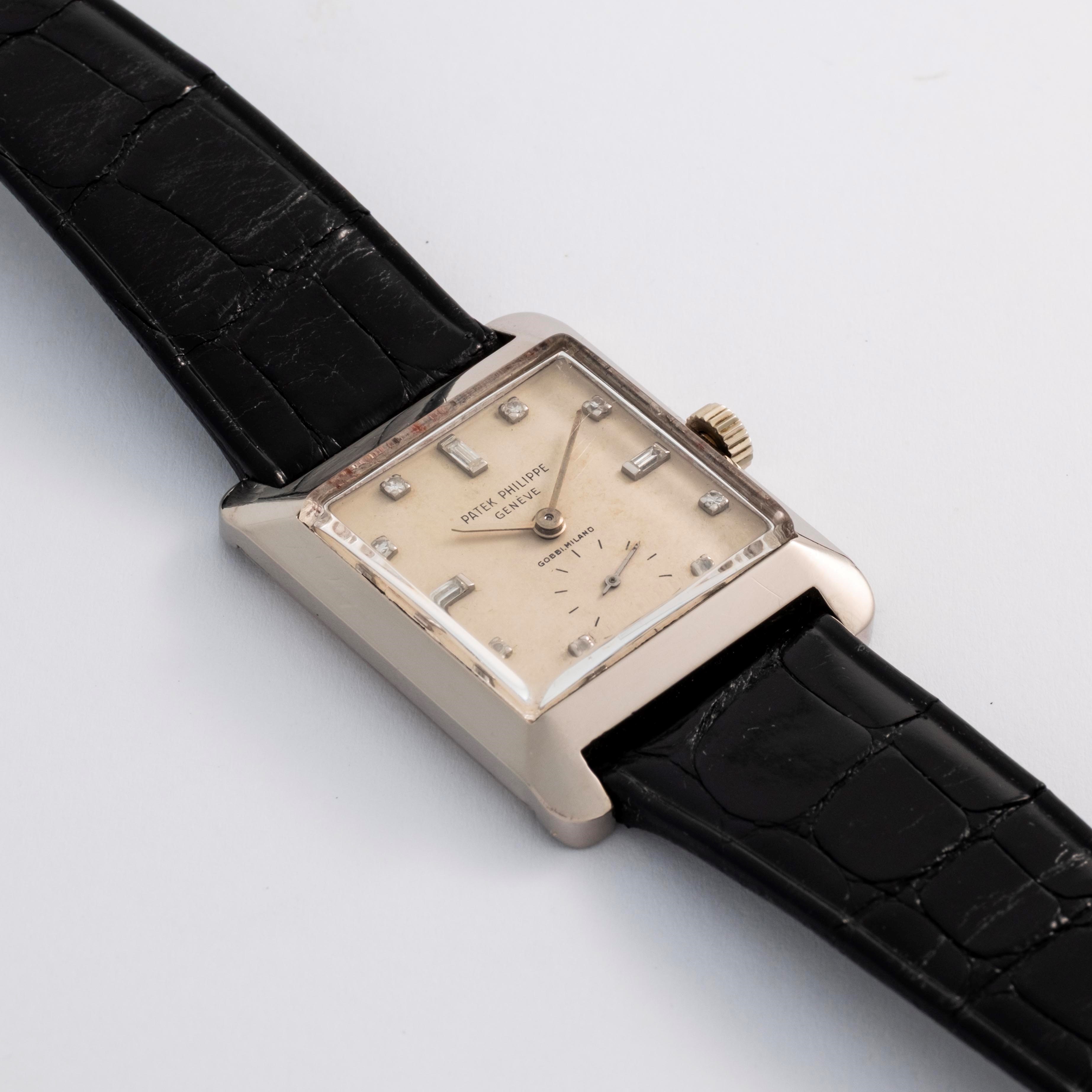 Patek Philippe - Carrè Ref. 2488 in oro bianco 18k con quadrante argentè firmato "Gobbi Milano"