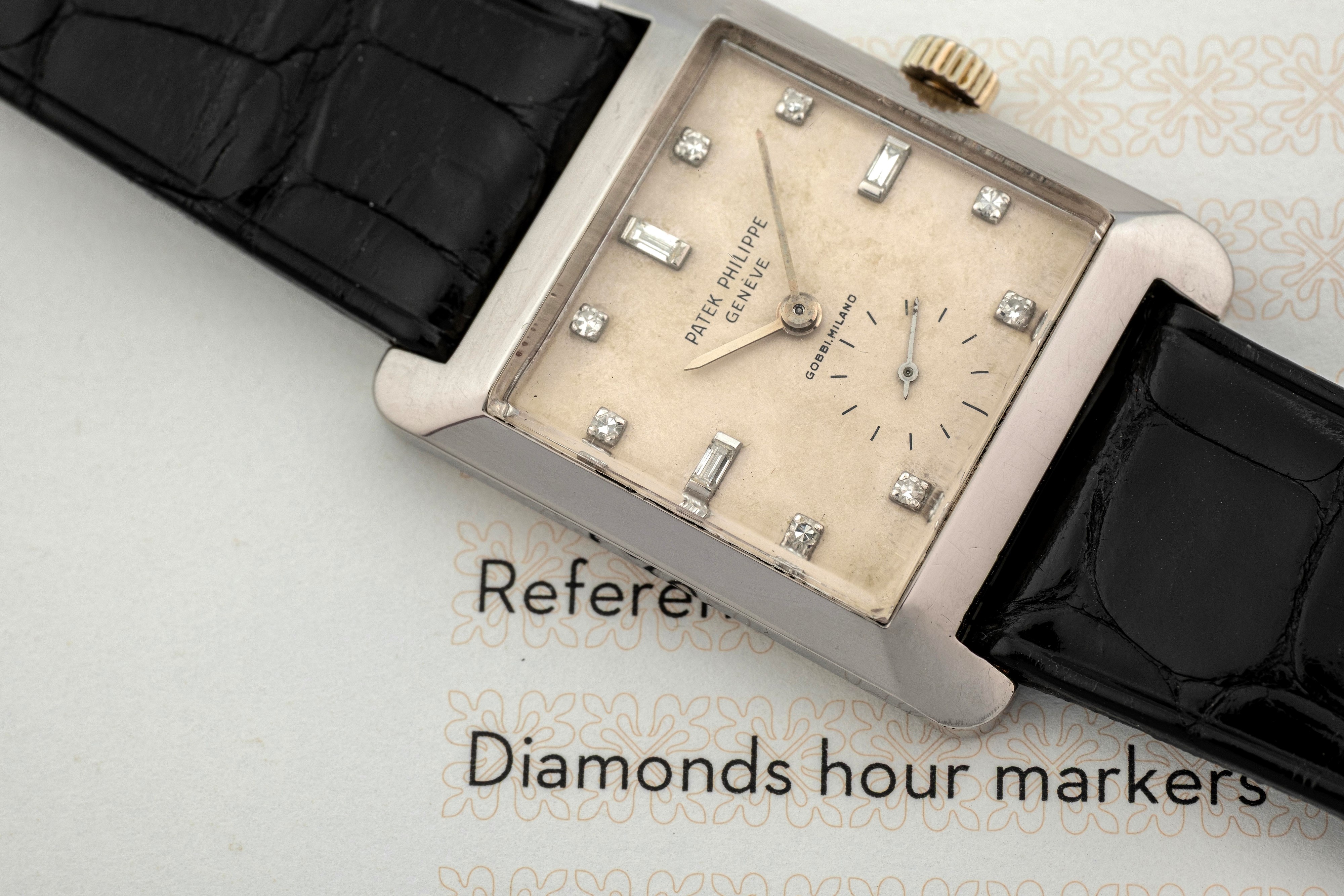 Patek Philippe - Carrè Ref. 2488 in oro bianco 18k con quadrante argentè firmato "Gobbi Milano"