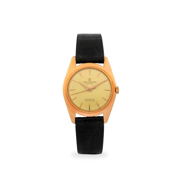 Automatico con microrotore in oro rosa 18k, quadrante champagne con indici a daga, con scatola originale, circa 1950