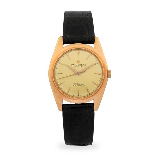 Universal - Automatico con microrotore in oro rosa 18k, quadrante champagne con indici a daga, con scatola originale, circa 1950