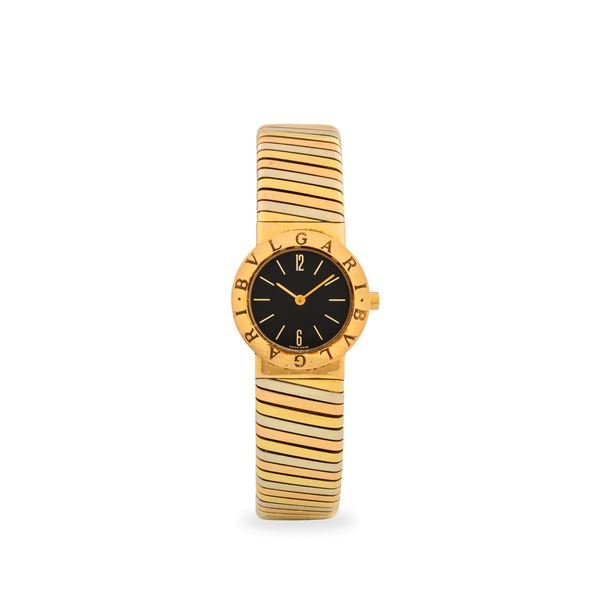 Affascinante Tubogas in oro giallo, rosa e bianco 18k, quadrante nero, con scatola e garanzia, circa 1990