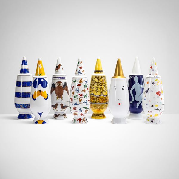 Alessandro Mendini - Collezione di 8 vasi in ceramica smaltata della serie 100% Make up.