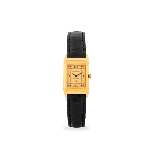 Reverso Lady in oro giallo 18k, quadrante champagne con numeri Arabi, circa 1990