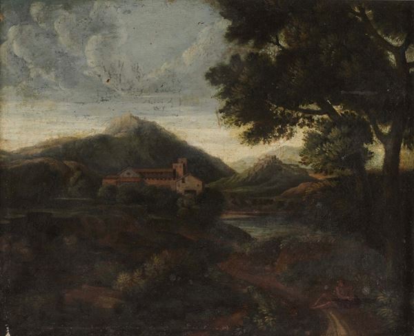 Scuola del XVIII secolo Paesaggio fluviale con architetture