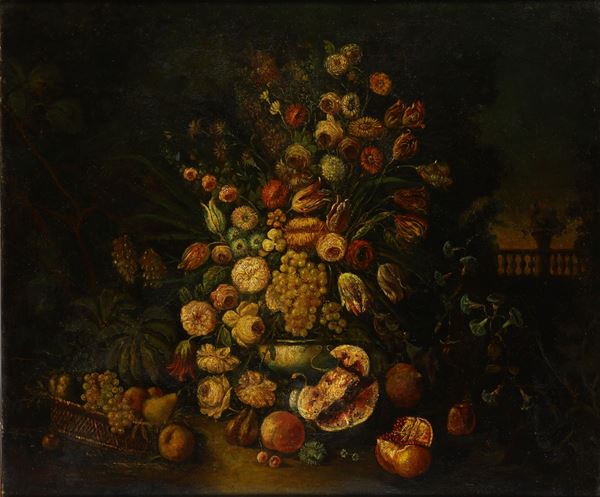 Scuola del XIX-XX secolo Natura morta con fiori e frutti