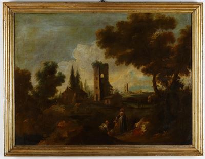 Scuola del XVIII secolo, Paesaggio fluviale con lavandaie, olio su tela