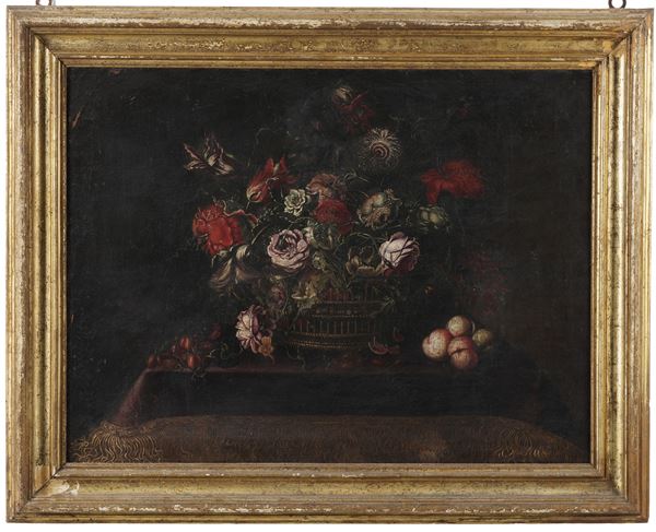 Scuola del XVII secolo Natura morta con cesto di fiori
