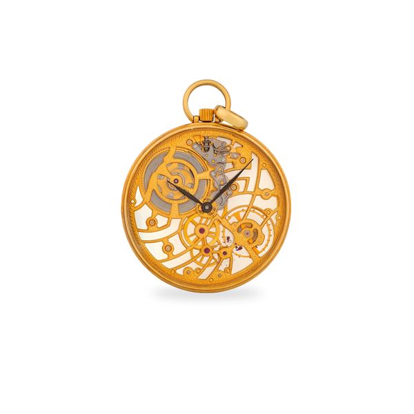 Raro orologio da tasca ref. 35792 in oro giallo 18k con ponti lavorati, quadrante scheletrato con lancette a foglia, con scatola originale, circa 1990