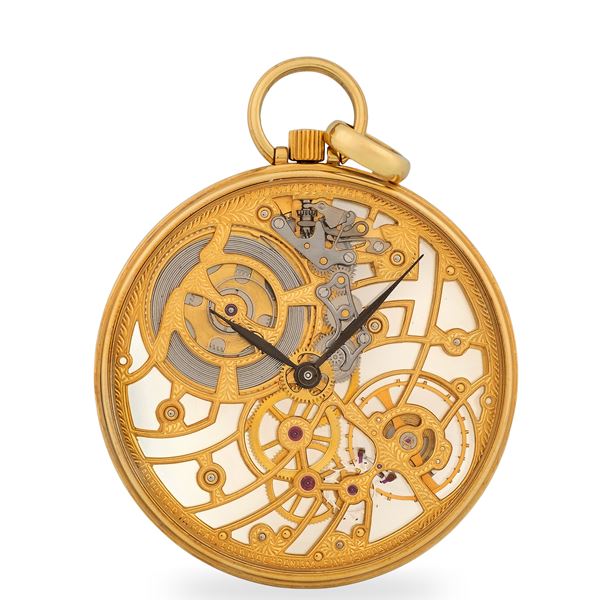 Audemars Piguet - Raro orologio da tasca ref. 35792 in oro giallo 18k con ponti lavorati, quadrante scheletrato con lancette a foglia, con scatola originale, circa 1990