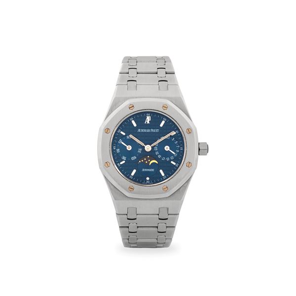Elegante Royal Oak in acciaio, quadrante blu Grand Tapisserie con indicatori di giorno della settimana, giorno del mese e fasi lunari, circa 2000