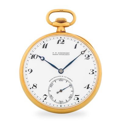 Orologio da tasca Openface in oro giallo 18k con quadrante in smalto bianco firmato F. W. Eisenha...