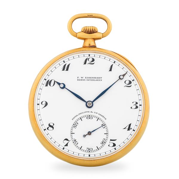 Patek Philippe - Orologio da tasca Openface in oro giallo 18k, quadrante in smalto bianco firmato "F. W. Eisenhart Berne-Interlaken" e numeri Breguet, circa 1920