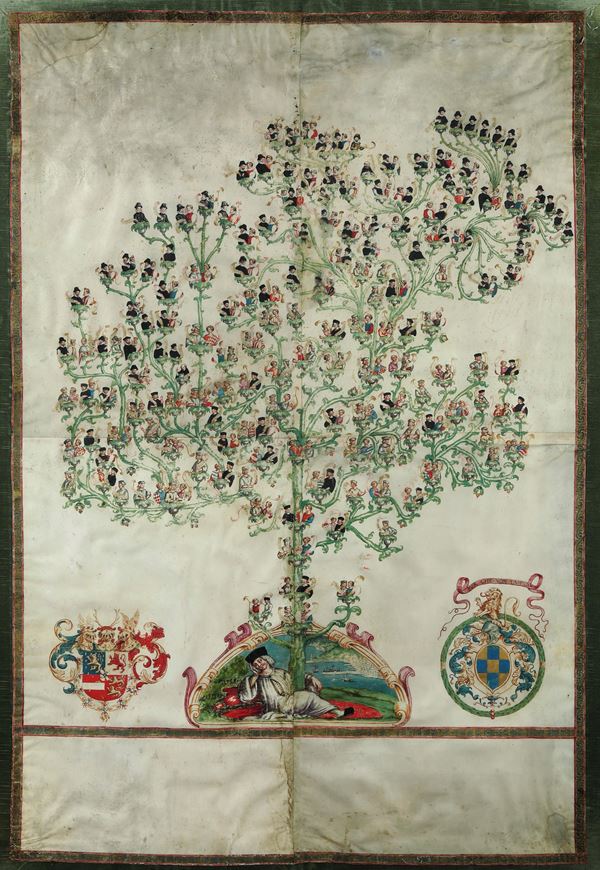 Scuola del XVII secolo Albero genealogico di Cristoforo Colombo con stemmi araldici