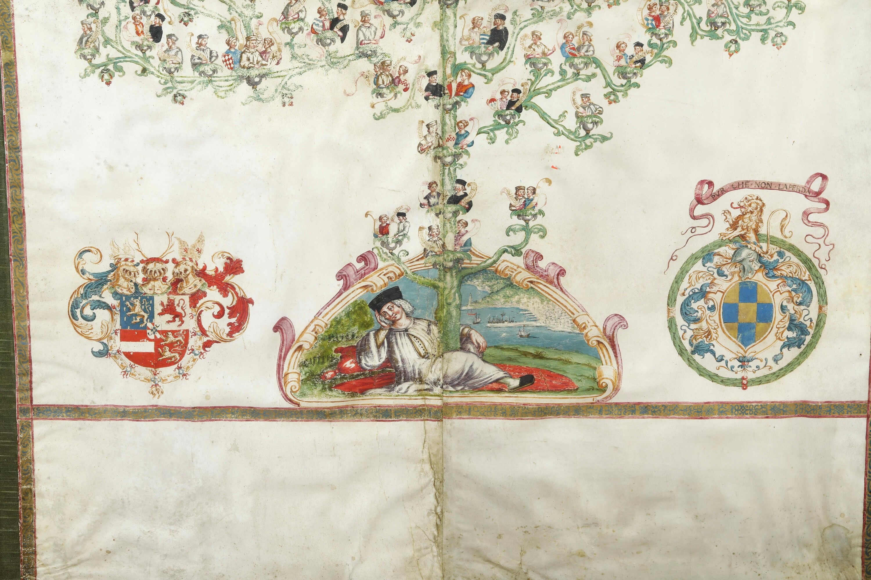 Scuola del XVII secolo, Albero genealogico di Cristoforo Colombo con stemmi araldici, tempera su ...