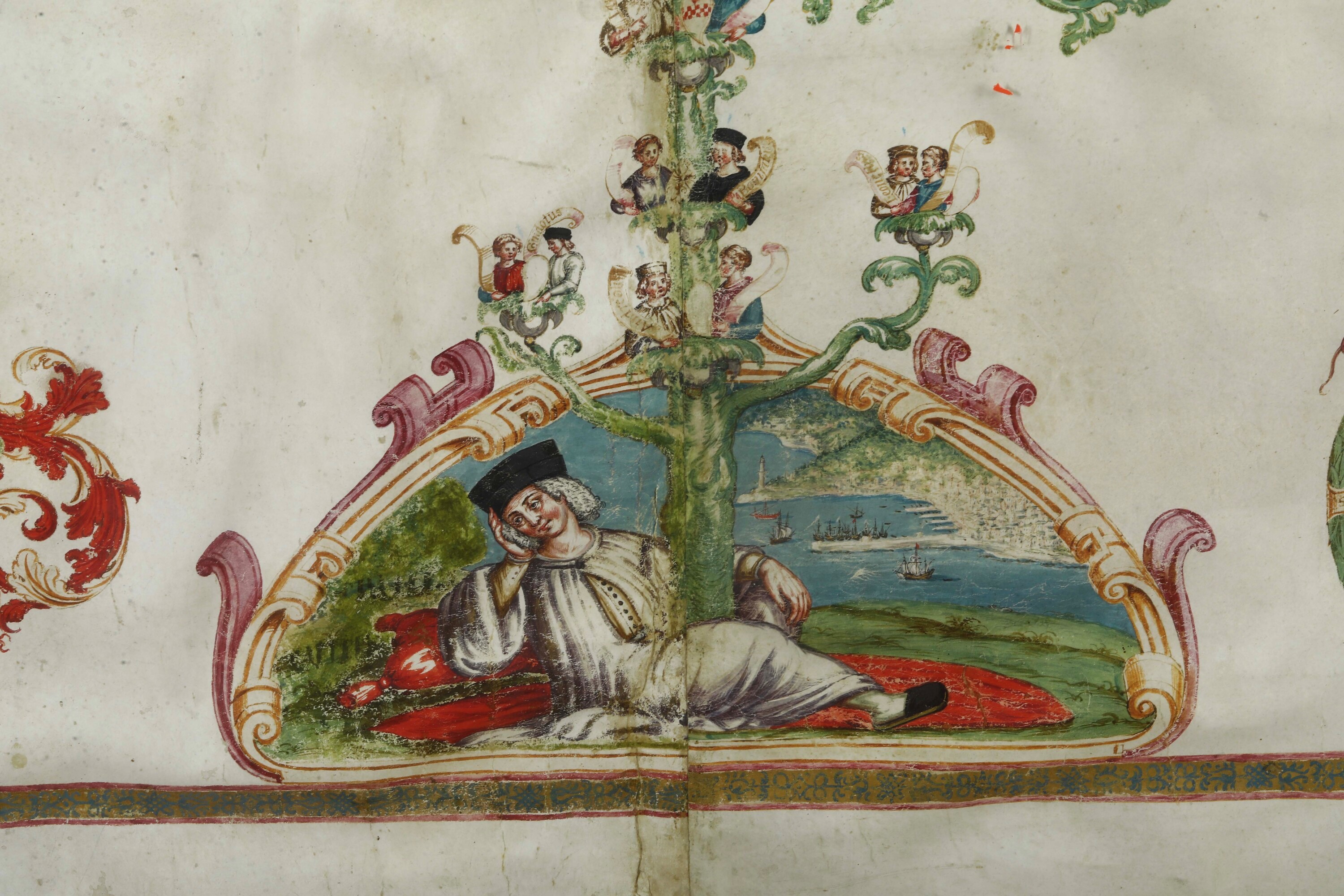 Scuola del XVII secolo, Albero genealogico di Cristoforo Colombo con stemmi araldici, tempera su ...