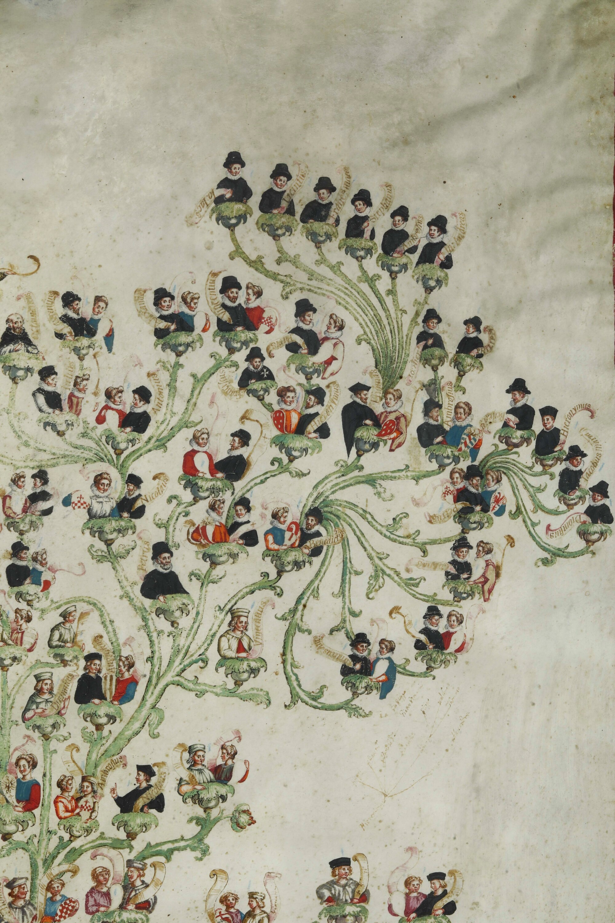 Scuola del XVII secolo, Albero genealogico di Cristoforo Colombo con stemmi araldici, tempera su ...
