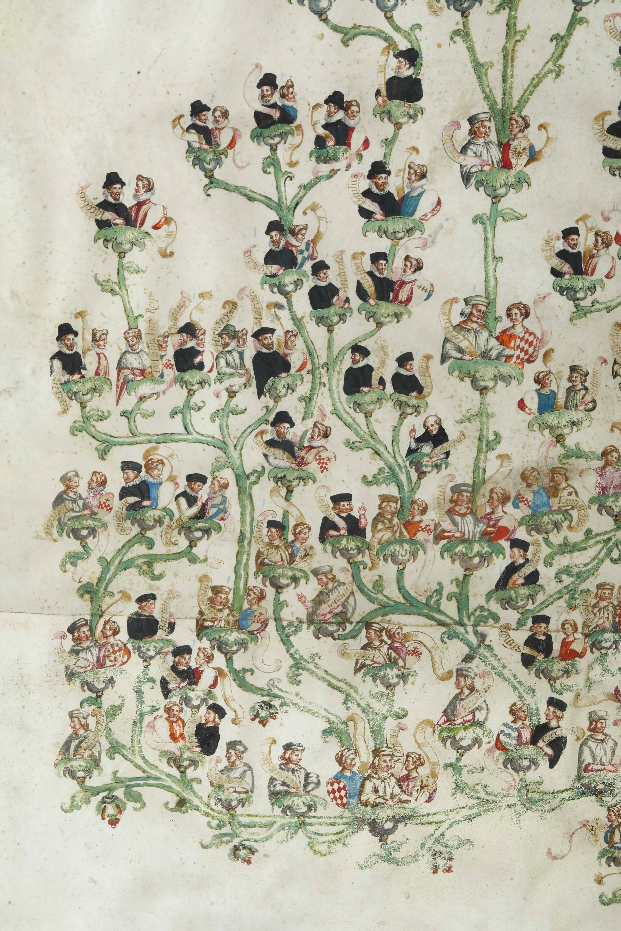 Scuola del XVII secolo, Albero genealogico di Cristoforo Colombo con stemmi araldici, tempera su ...