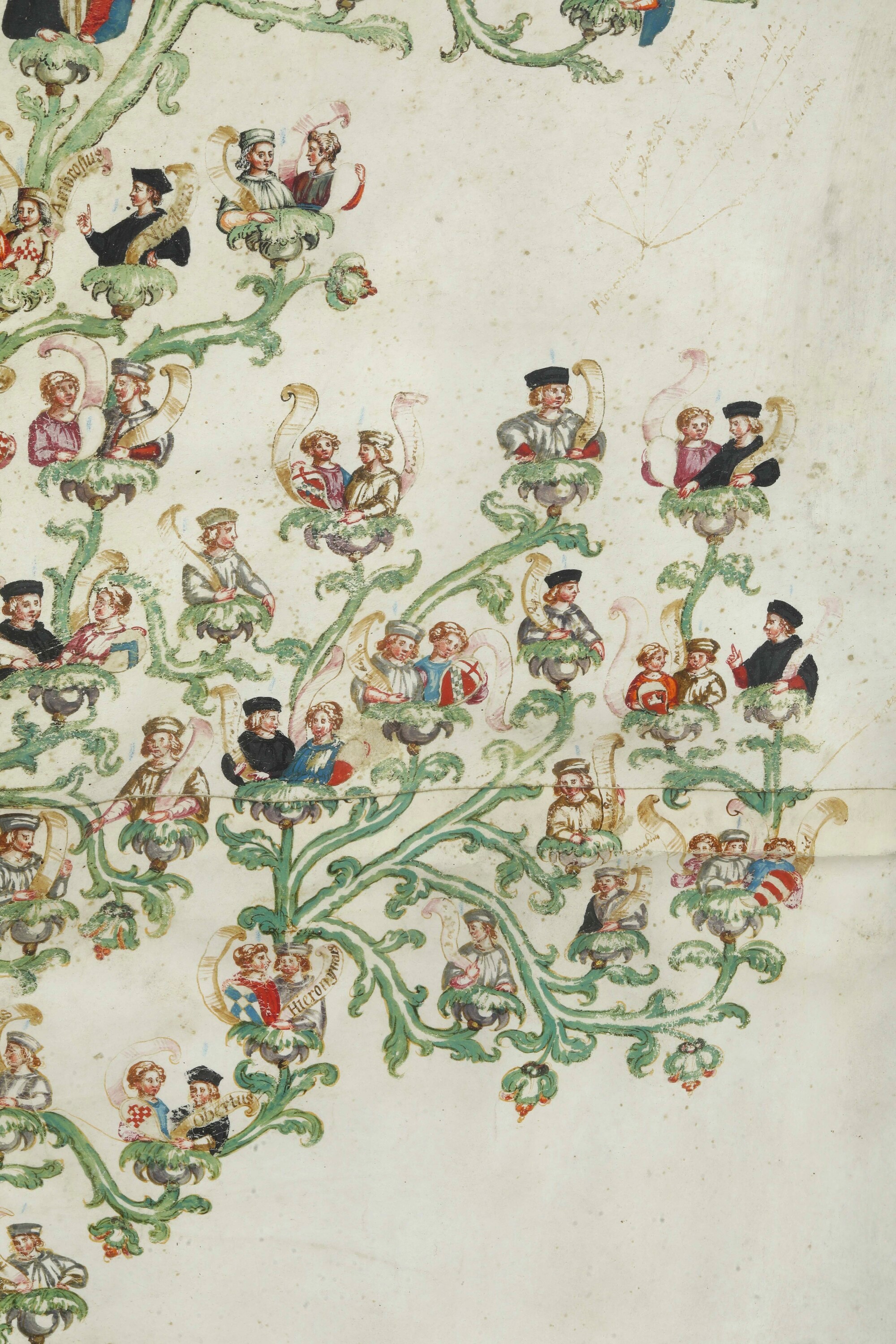 Scuola del XVII secolo, Albero genealogico di Cristoforo Colombo con stemmi araldici, tempera su ...