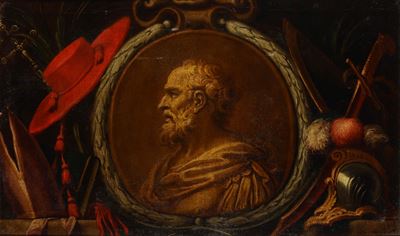 Scuola del XVII-XVIII secolo, Medaglione con ritratto di condottiero, olio su tela