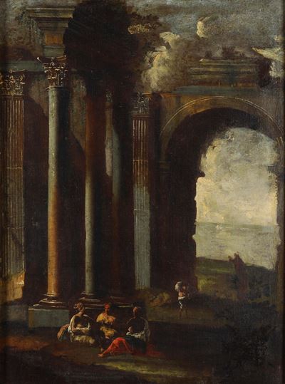 Paesaggi con architetture e figure, olio su tela