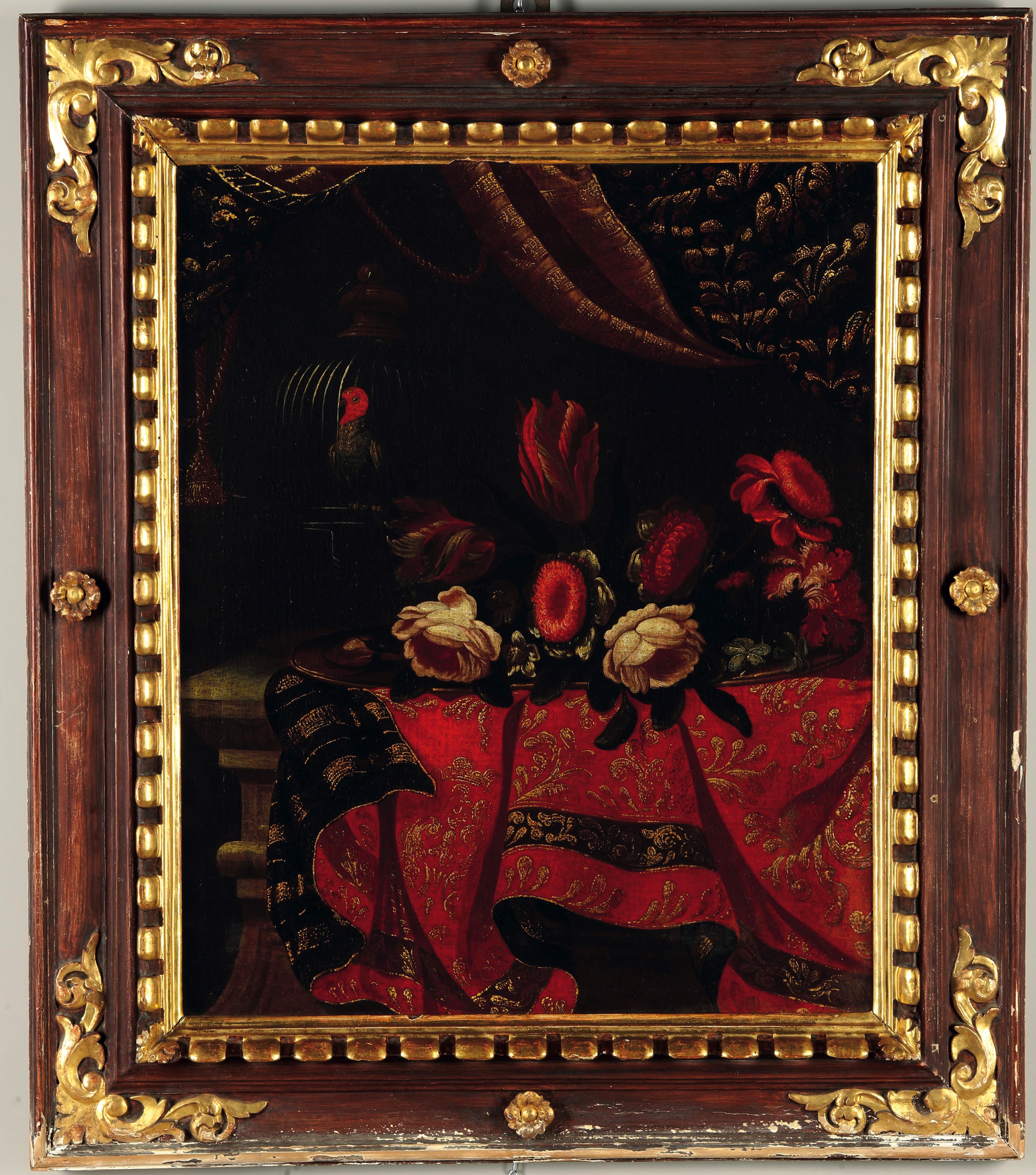 Francesco Fieravino Detto il Maltese - Natura morta con fiori e tessuti, olio su tela