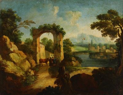 Scuola del XVIII-XIX secolo, Paesaggio con rovine, pastori e armenti, olio su tela