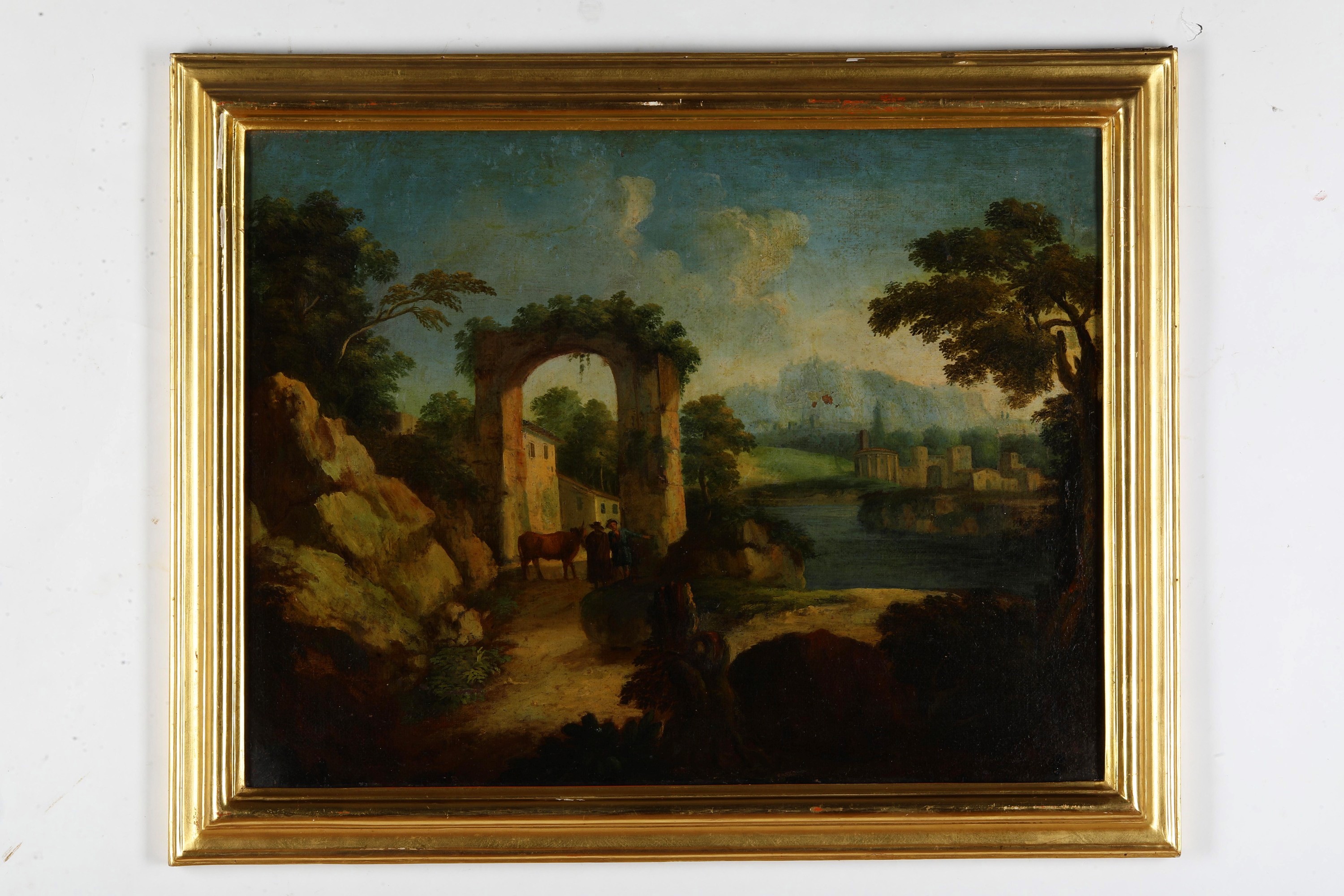 Scuola del XVIII-XIX secolo, Paesaggio con rovine, pastori e armenti, olio su tela