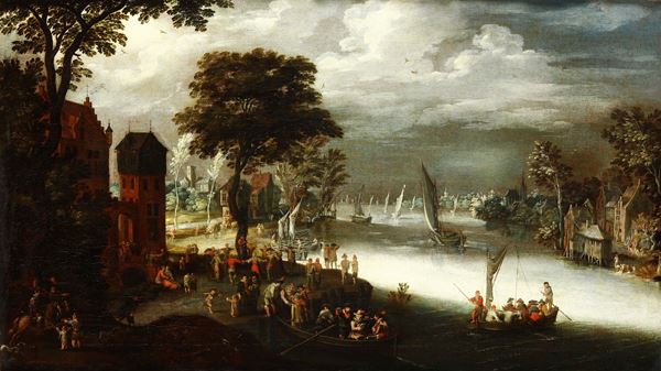Jan Brueghel il Vecchio - Paesaggio fluviale con imbarcazioni e figure