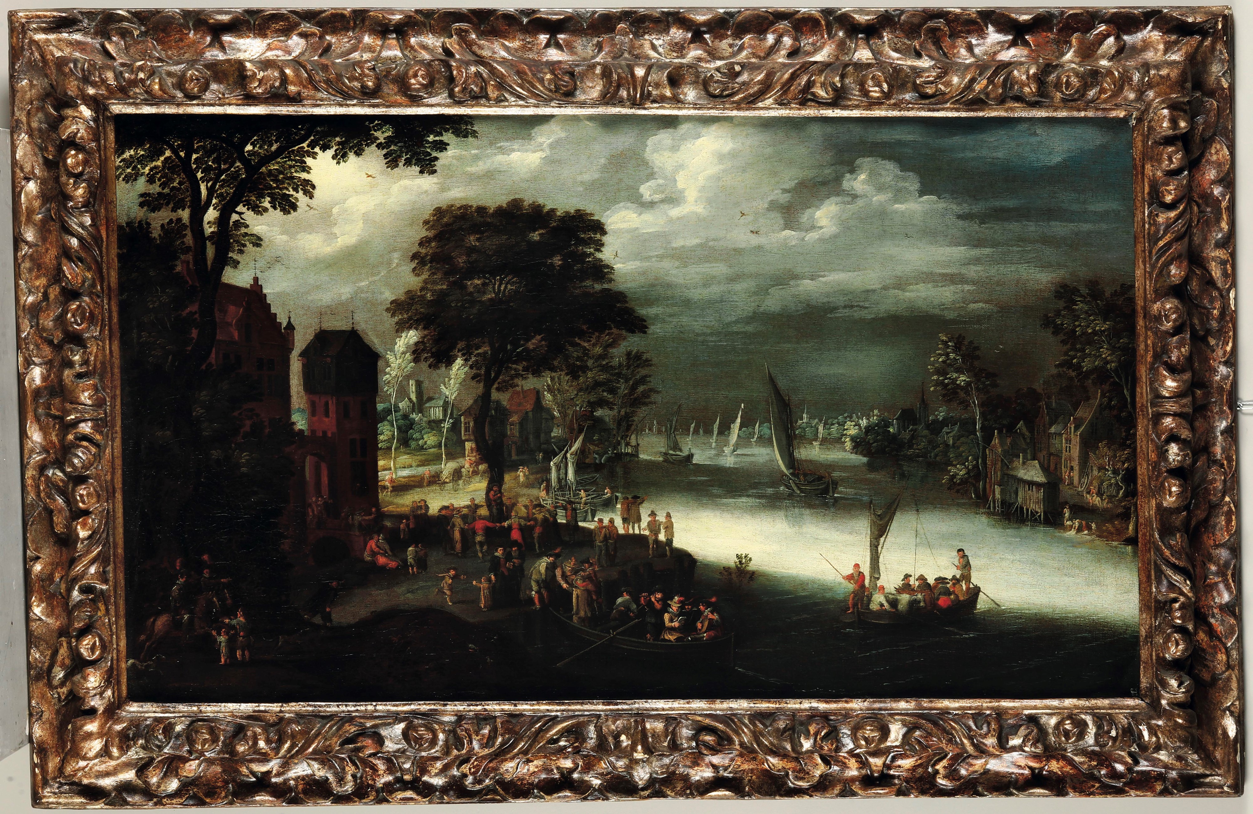 Jan Brueghel il Vecchio - Paesaggio fluviale con imbarcazioni e figure, olio su tela