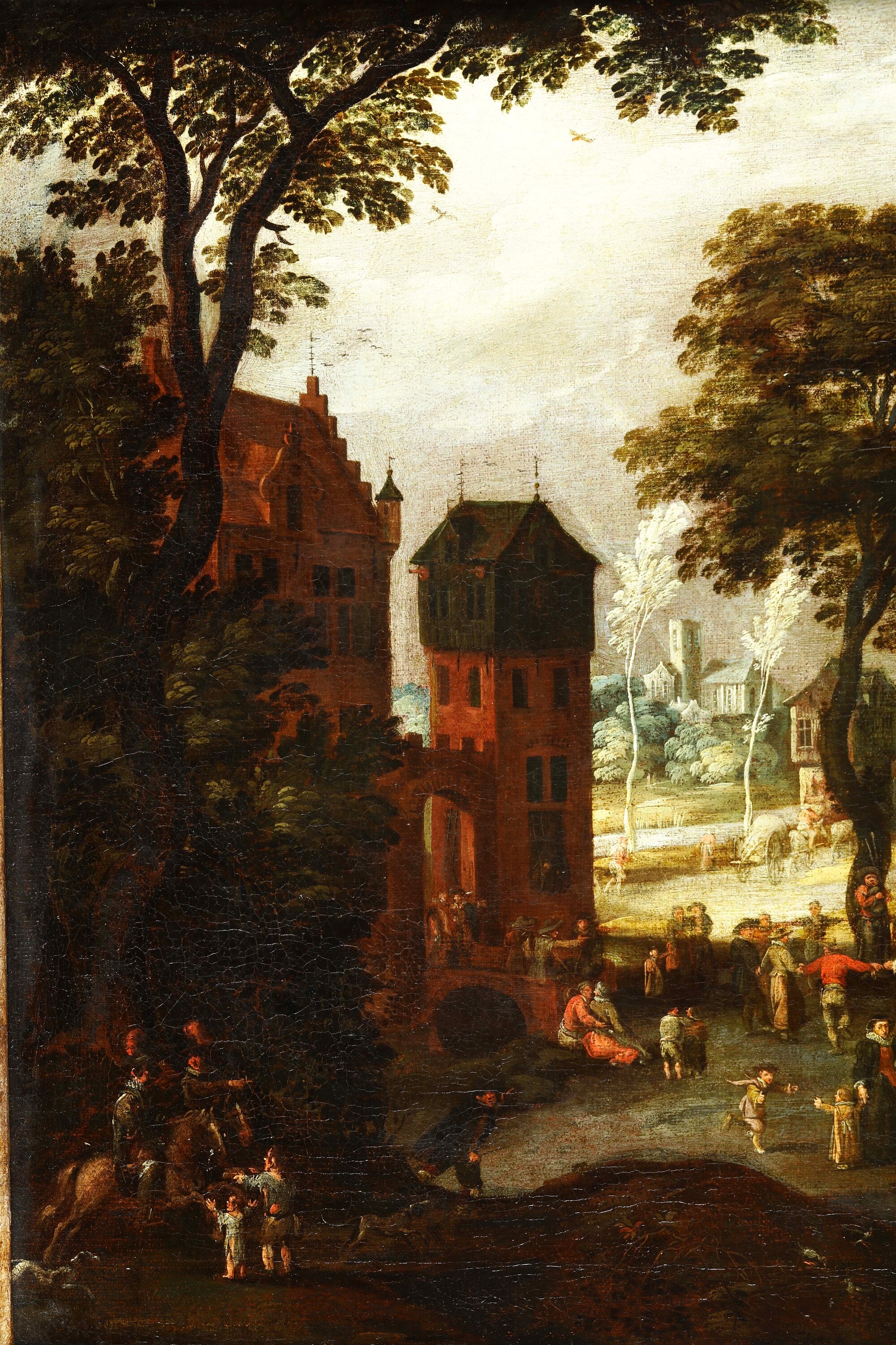 Jan Brueghel il Vecchio - Paesaggio fluviale con imbarcazioni e figure, olio su tela