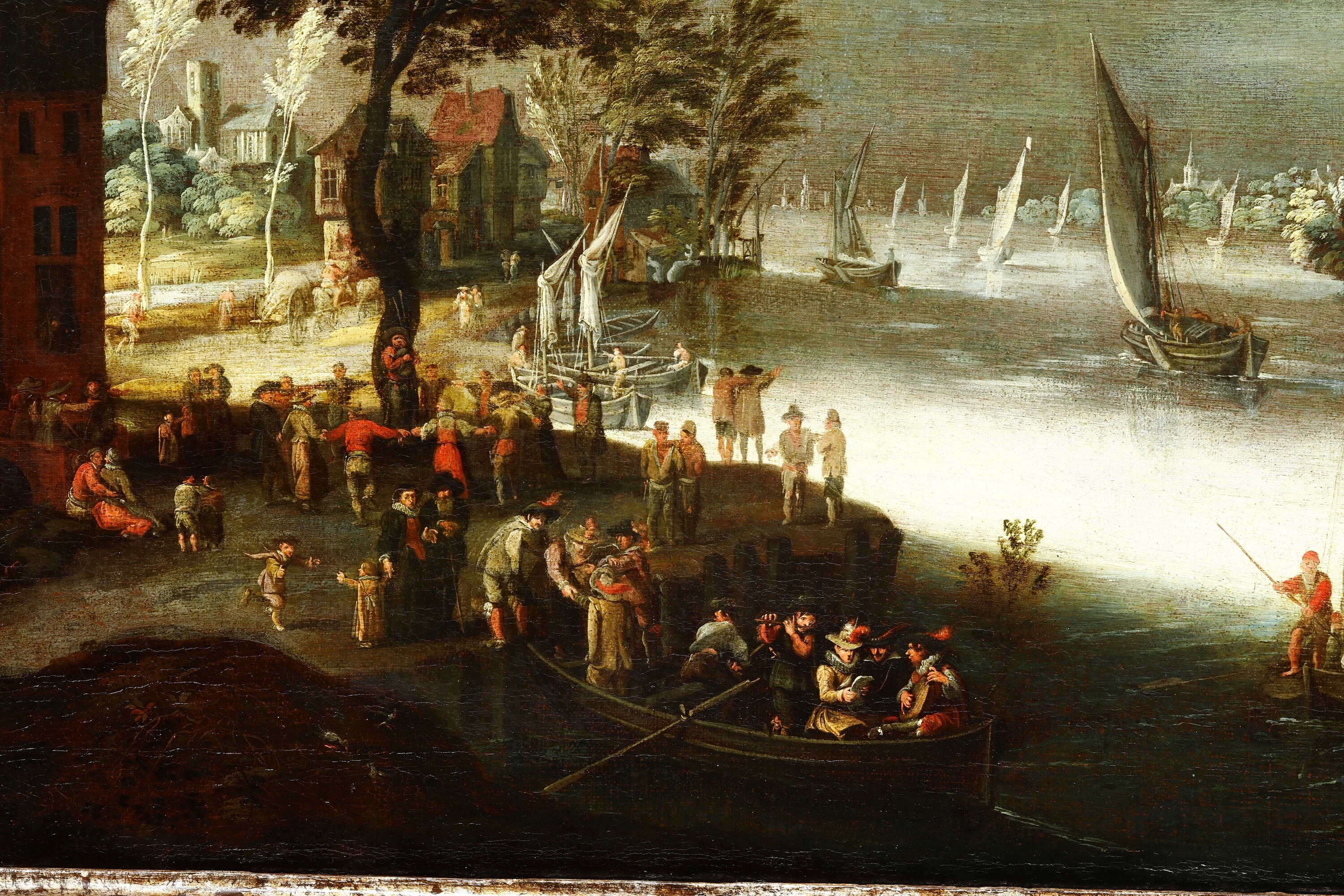 Jan Brueghel il Vecchio - Paesaggio fluviale con imbarcazioni e figure, olio su tela