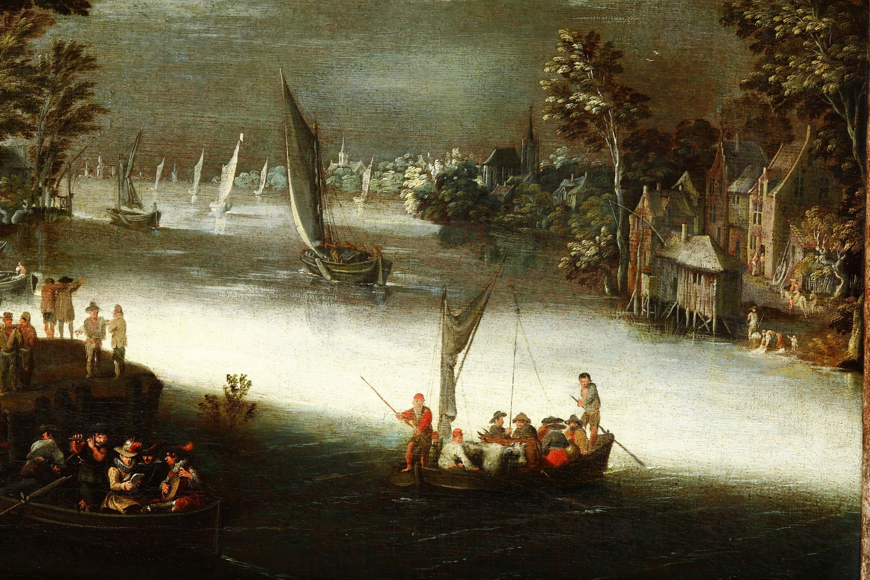 Jan Brueghel il Vecchio - Paesaggio fluviale con imbarcazioni e figure, olio su tela