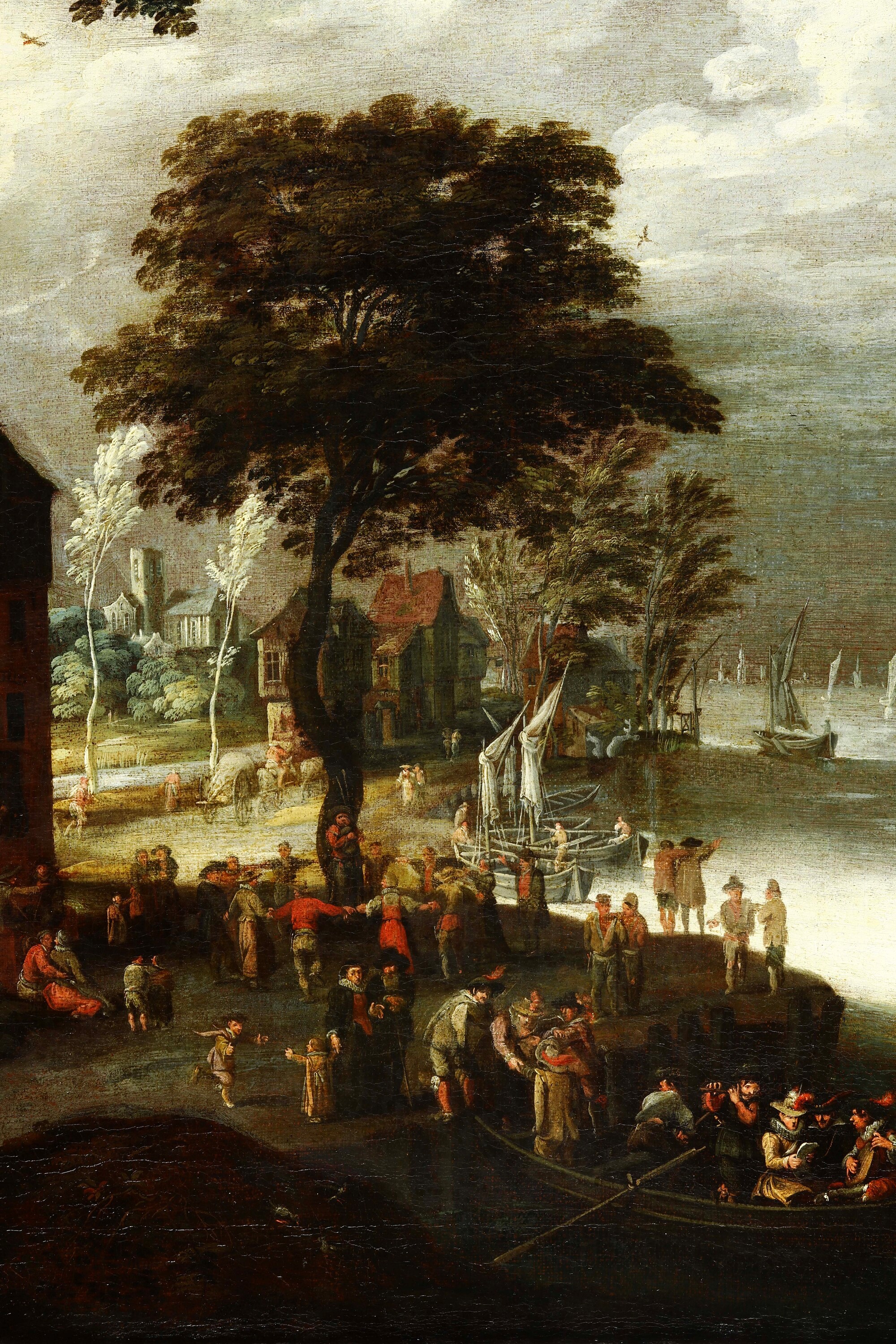 Jan Brueghel il Vecchio - Paesaggio fluviale con imbarcazioni e figure, olio su tela