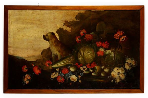 Scuola del XVIII secolo Nature morte con fiori, frutti e animali