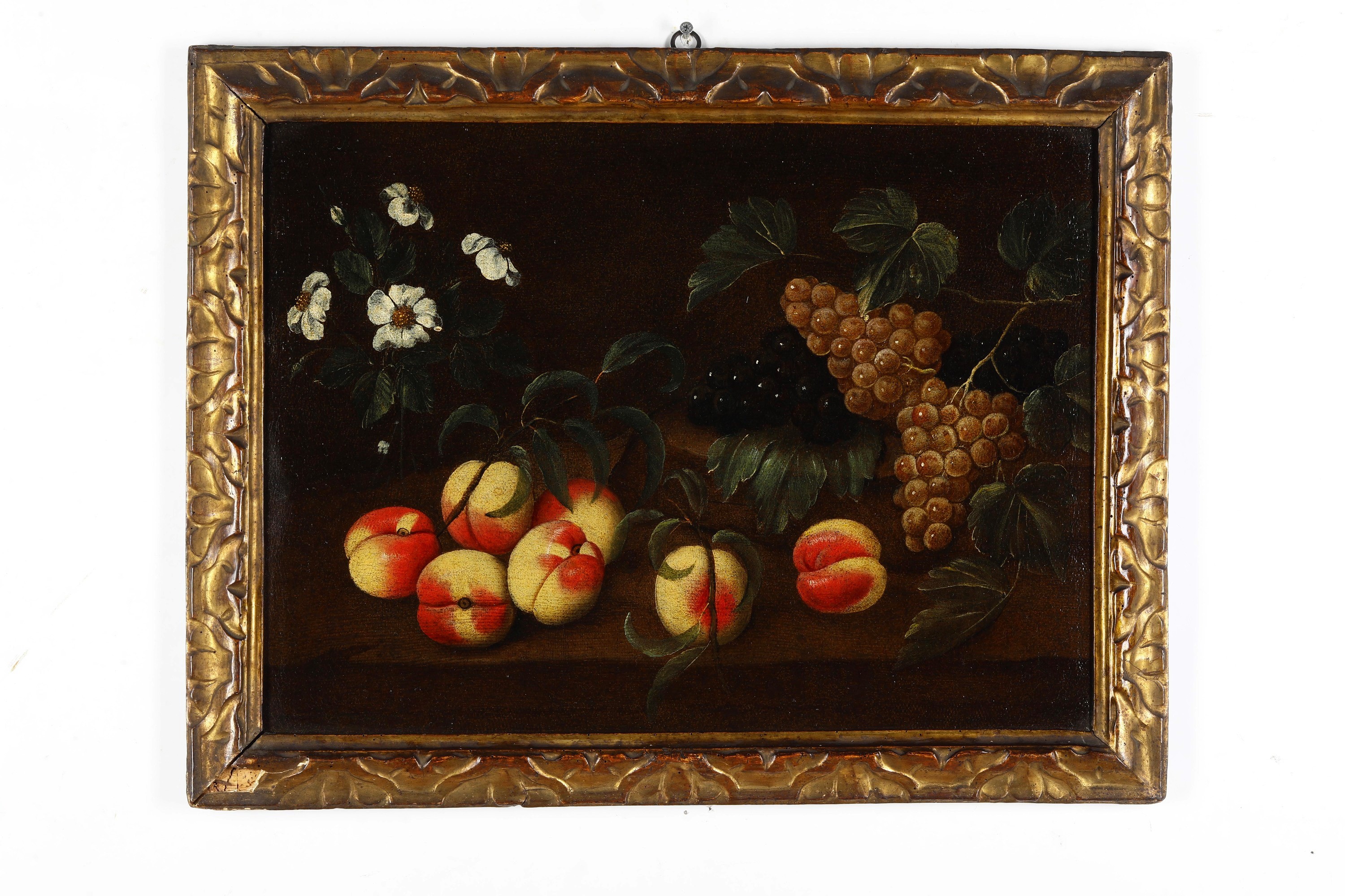 Scuola del XVII secolo, Natura morta con frutti e fiori, olio su tela