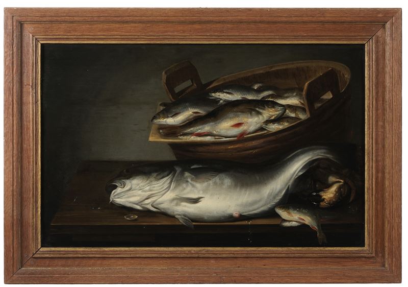 Scuola del XVII secolo Natura morta con pesci  - olio su tavola - Asta Dipinti Antichi - Cambi Casa d'Aste