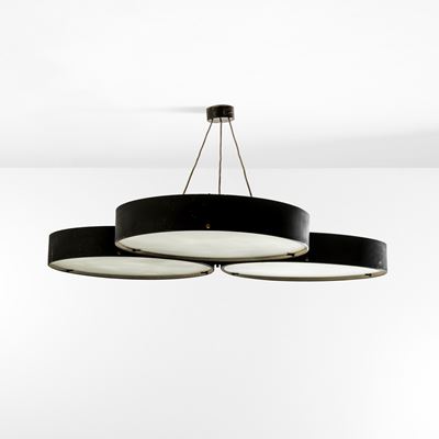 Plafoniera in metallo laccato con diffusori in vetro satinato (produzione Stilnovo, Italia, ca. 1...