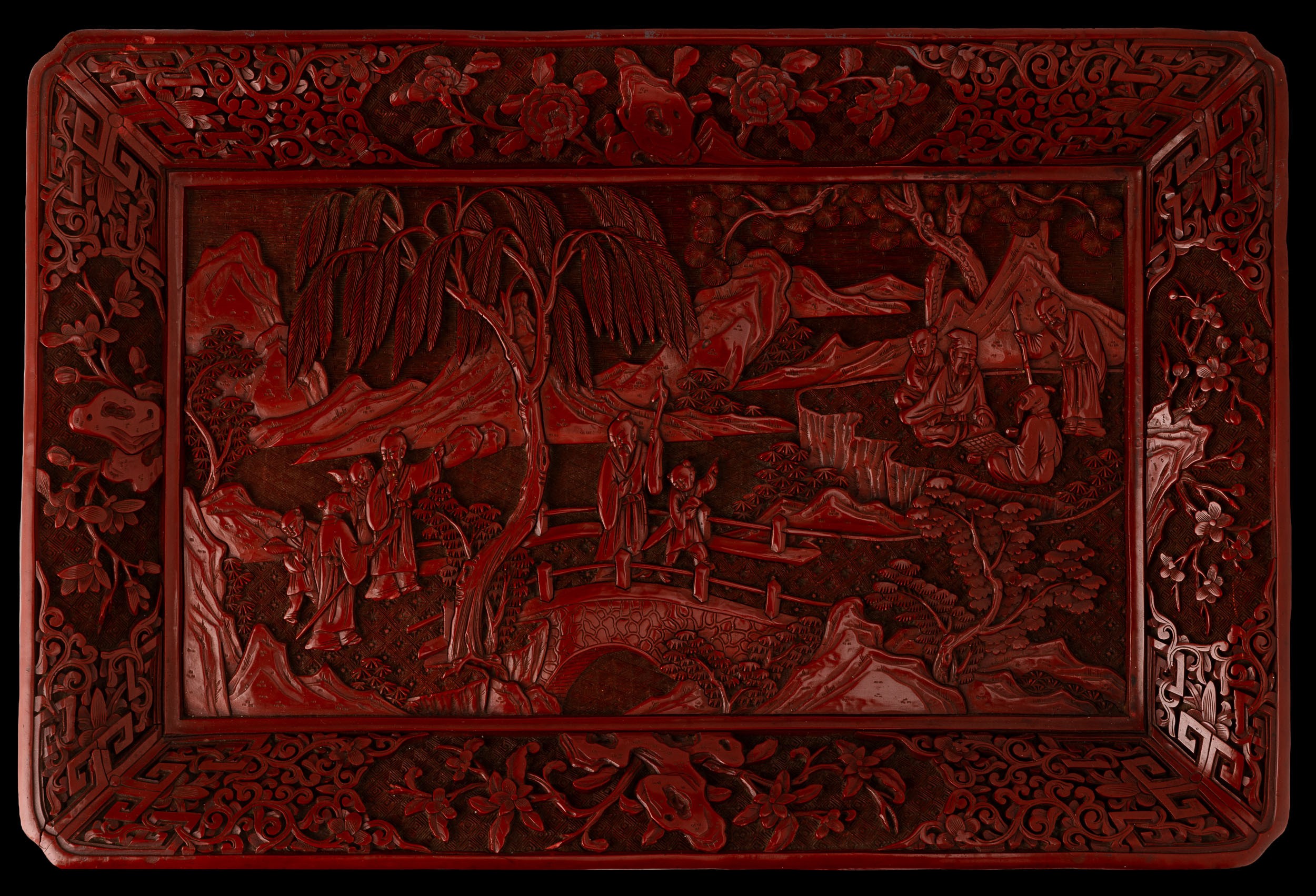 Cina (Dinastia Qing, epoca Qianlong 1736-1796), Vassoio in legno laccato con decorazioni paesaggi...