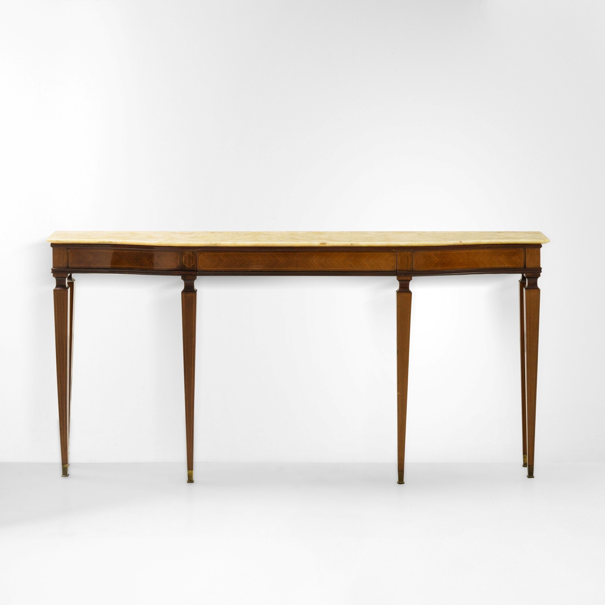 Console, struttura in legno e legno impiallacciato con piano in onice