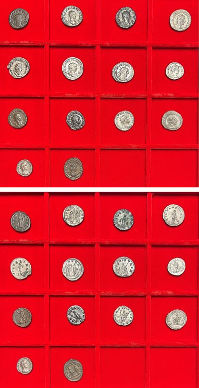 Lotto di monete romane in argento e mistura, denari e antoniniani (quattordici esemplari)