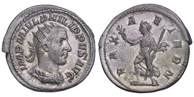 Filippo I, Antoniniano (busto radiato e paludato) — R/ La Pax avanza
