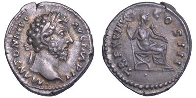 Marco Aurelio, Denario (R/ Felicitas seduta con caduceo e cornucopia)